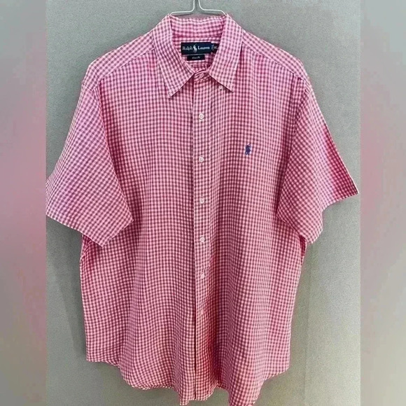 Ralph Lauren Men’s 100% Linen Short Sleeve  button shirt  Pink white  blue pony - Picture 1 of 5